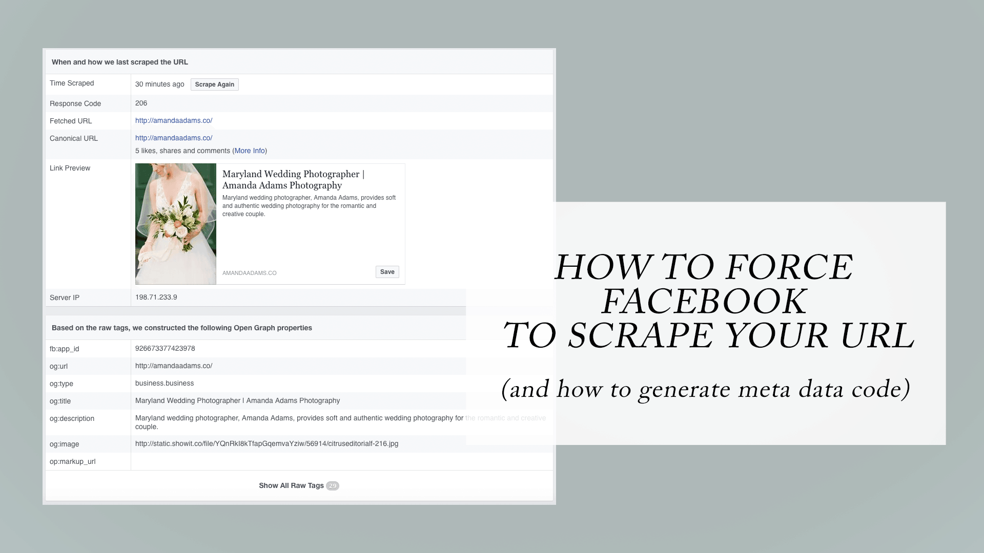 Photo of How to Force Facebook to Scrape your URL and how to generate meta date code.