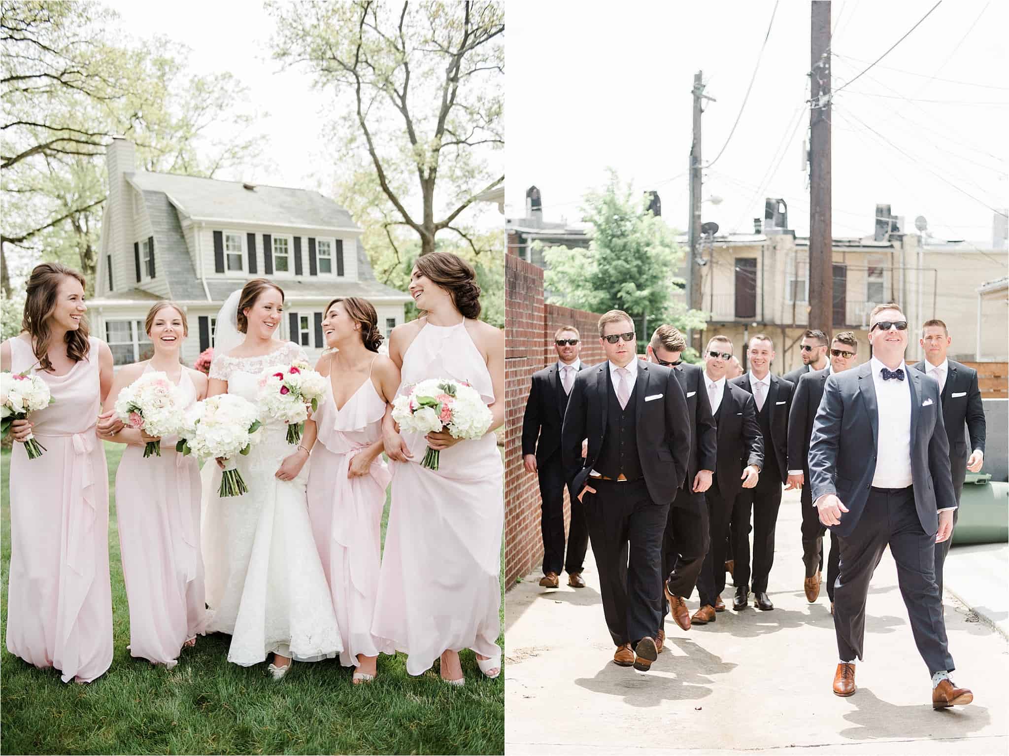 Bridal party in pink and navy for Legg Mason Tower Baltimore Maryland Spring Wedding