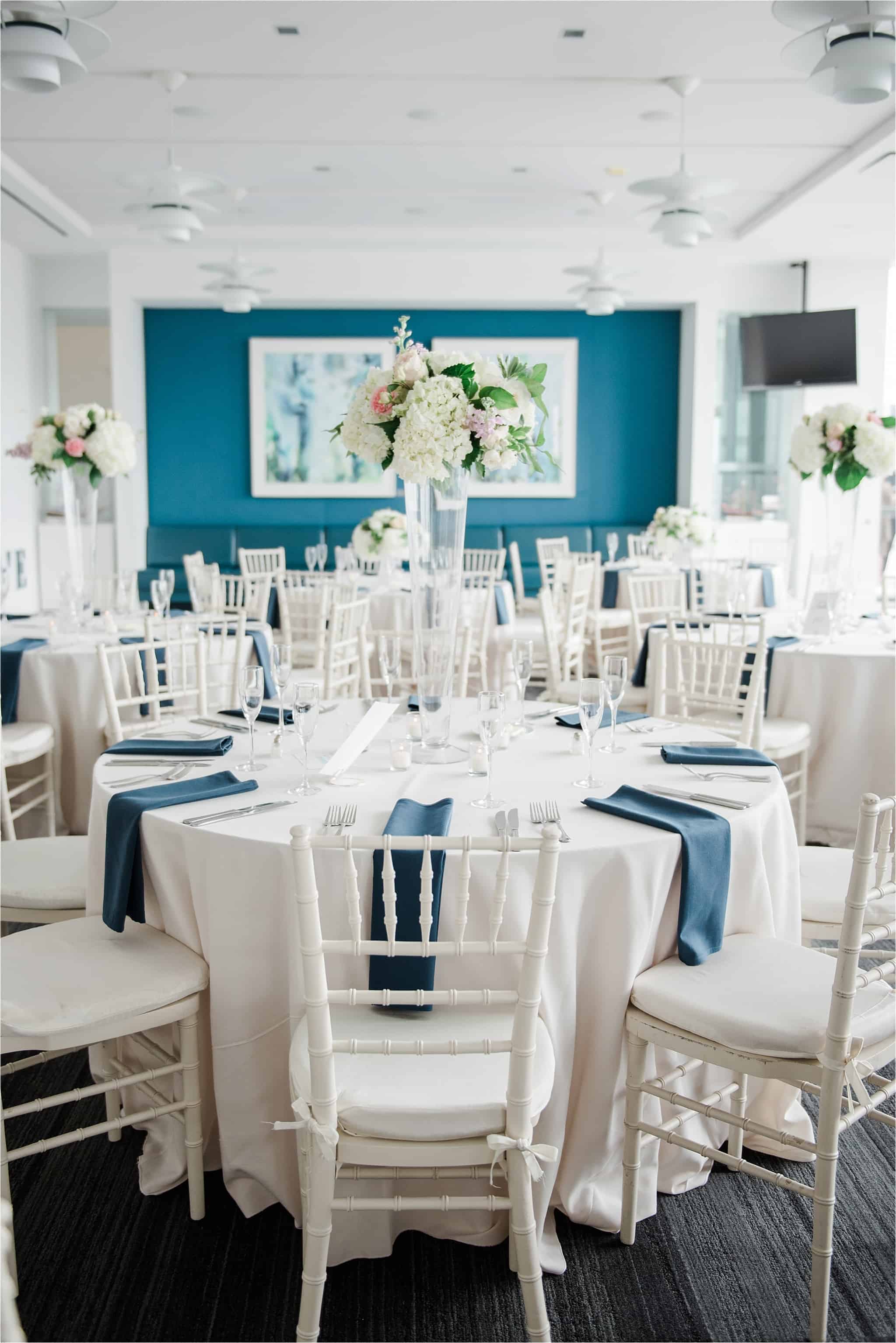 Navy and white reception decor for Legg Mason Tower Baltimore Maryland Spring Wedding